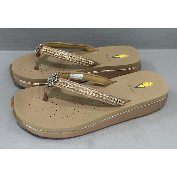 Volatile  Wedge Thong Sandals Tan Rhinestones Women's Size 10‎ NWOB Slip-On - Picture 1 of 7